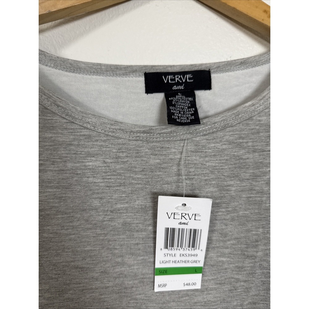 Verve Ami Gray Tunic Top Sz Large Polyester Rayon Spandex Yoga Back 3/4 Sleeve